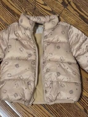 Children's Light Pink Puffer Jacket with Cute Animal Print